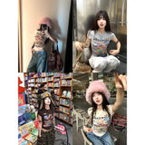 Cartoon Print Short Sleeves Front Shoulder T-Shirt Girl Summer New Body Repair Small Man Waist Tight Short Round Collar Top
