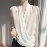 2025 Spring And Summer New Women's V Neck French Cross-Neck Fashion T-Shirt Sleeveless Short Simple Thin Top
