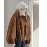 2025 New Two Sides Wearing A Curry Imitation Leather Jacket Women Winter Red Lamb Wool Top Student Women's Clothing