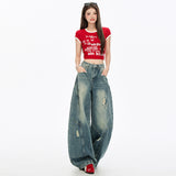 Breaking Hole Scissor Jeans Women Autumn And Winter New High-Waist Design Water Wash Contour Shape Loose Broad Leg Trousers