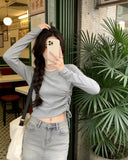 Autumn Long-Sleeved T-Shirt Women Thin Bottom Shirt Drawstrings In The Bottom Shirt Slim Slimy Irregular Sweet Spicy Top
