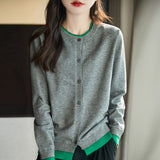 Fine-Woven Wool 2026 Autumn And Winter Women's New Loose Round-Neck Color Short Fake Two Bottom Blouse Knitted Open Shirt
