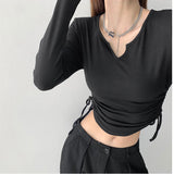 Designing The Babes On Both Sides Of The Drawstring Folds Small V-Neck Long-Sleeved T-Shirt Girl Elastic Repair Slim Short Umbilical Top