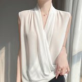 2025 Spring And Summer New Women's V Neck French Cross-Neck Fashion T-Shirt Sleeveless Short Simple Thin Top