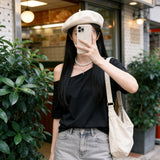 2026 Summer New Design Sense Loose Elastic Shoulder Small Blouse Women Short-Sleeved T-Shirts Are Thin