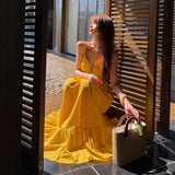 Dopamine-Miny Yellow Sling With Button-Dew Back Sling Fairy Long Dress Island Resort Beach Skirt