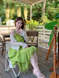 Bohemian Two-Piece Green Tuxedo Sleeveless Sling Dress Woman Summer Dopamine Skirt