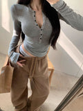 Body Slim Elastic Long Sleeves Shoulder T-Shirt Girl Spring And Autumn Sexy Figure Inside The Bottom Shirt Gray Tight Coat