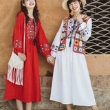 Ethnic Cotton Dress Women's Vacation Tourism Sunscreen Long Sleeves Long Skirt Art Embroidery Waist Dress