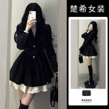 Fat Mm French High-End Temperament Black Suit Dress Women Autumn Large-Size Collection Waist Thin Princess Ponum Dress
