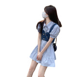 Fashion Suit Women's 2025 Summer Sweet Spicy Bubble Sleeve Shirt Dress Denim Vest Small Two-Piece Set