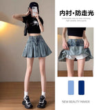 Cowboy 100 Folded Skirt Woman Summer High Waist Thin A Short Skirt Casual Anti-Walking Half Skirt Shading Skirt