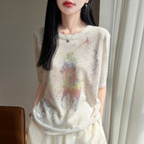 Bamboo Syringe 2026 Spring And Summer Women's New High-End Water-Soluble Printing Round Collar Knitting Short-Sleeved Loose Thin T-Shirt