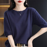 100% Cotton Sweating 2026 Spring And Summer New Round Collar Through Short T-Shirt Solid Five-Sleeve Temperament Knitted Shirt
