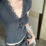 Bracelet Gray V-Neck Short-Sleeved T-Shirt Women's Summer Slimming Hottie Lace Splicing Niche Short Top
